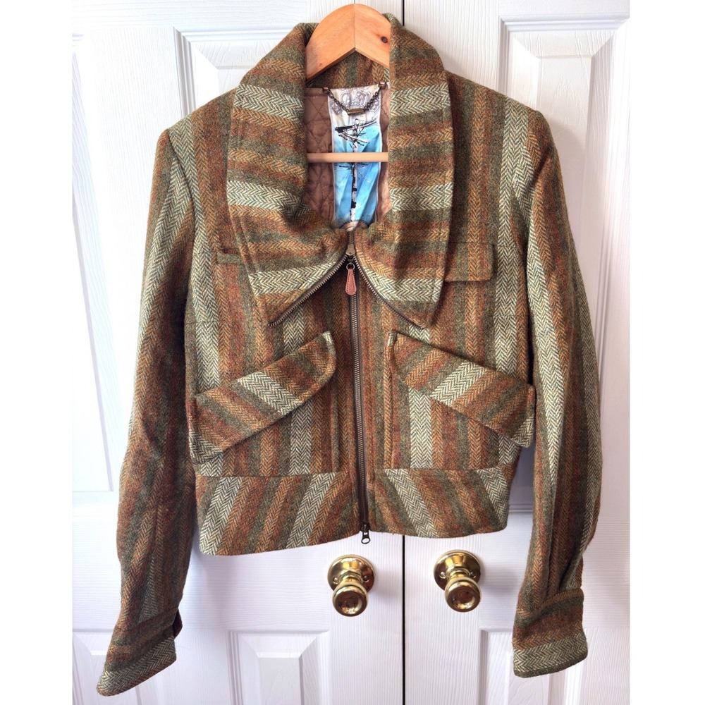 RARE! VTG Y2K L.A.M.B Green Brown Wool Herringbone Donegal Tweed Moto Jacket 6
